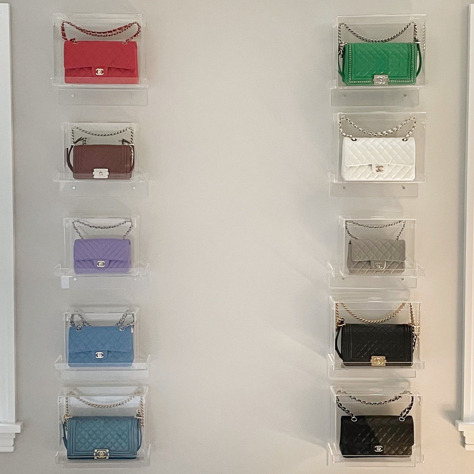 love these shelves for displaying all your bags!